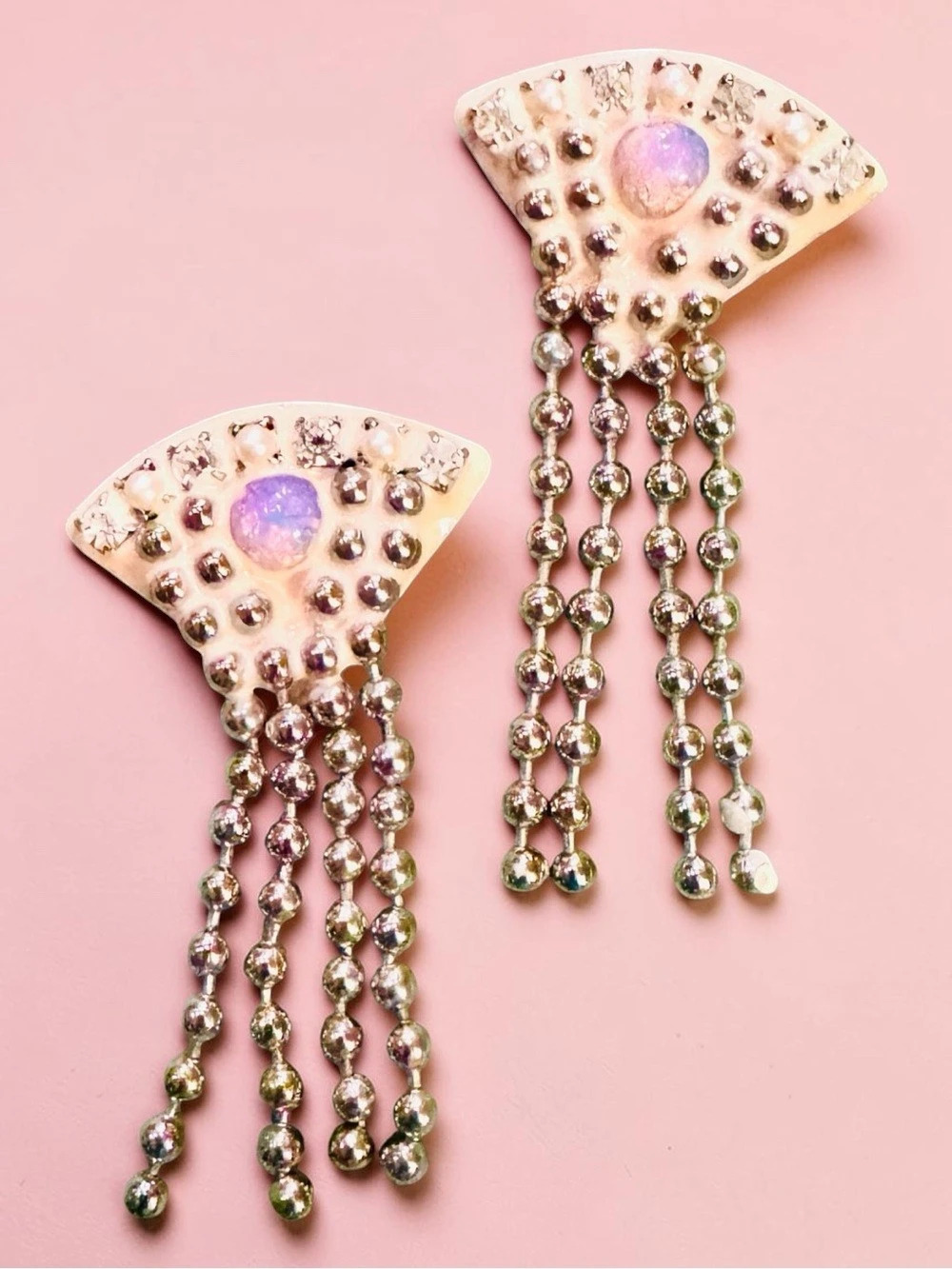 Rare 80’s Fan Fringe Statement Earrings in Pink & Silver